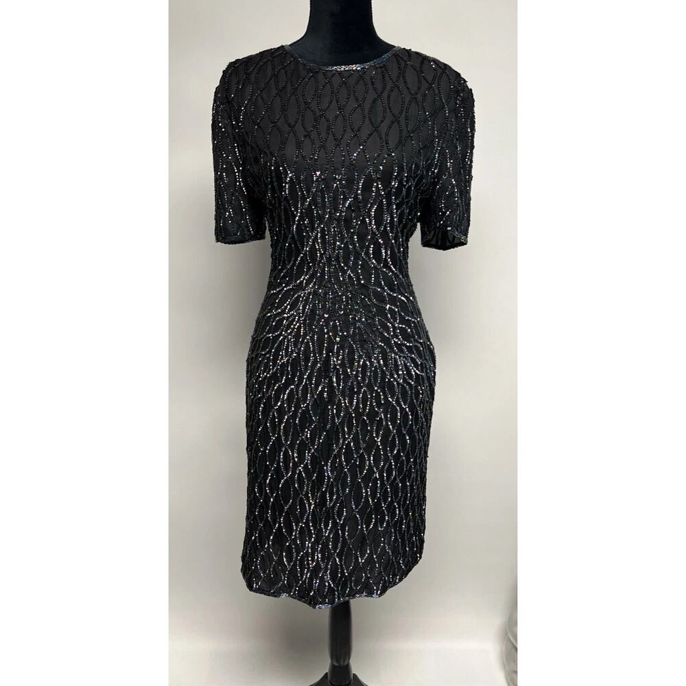 Vintage silk Beaded Black Dress Rainbow Iridescent sequin cocktail 10/12 Glam